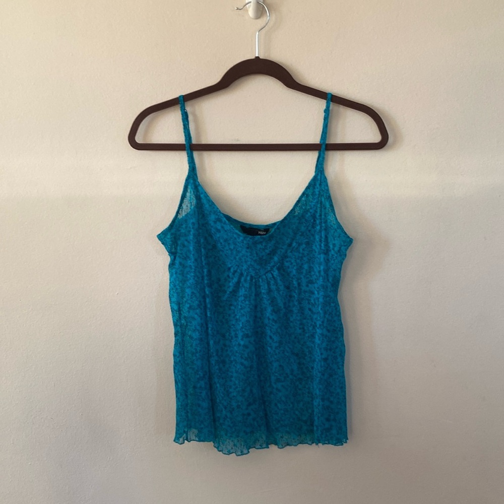 H&M Sheer Blue Teal Floral Cami Tank Top See Thru size Large Sleeveless